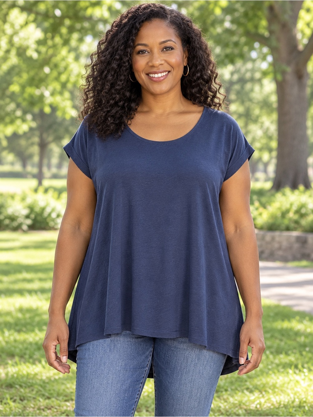 Tulip B Scoop Neck Swing Tunic Top - Navy